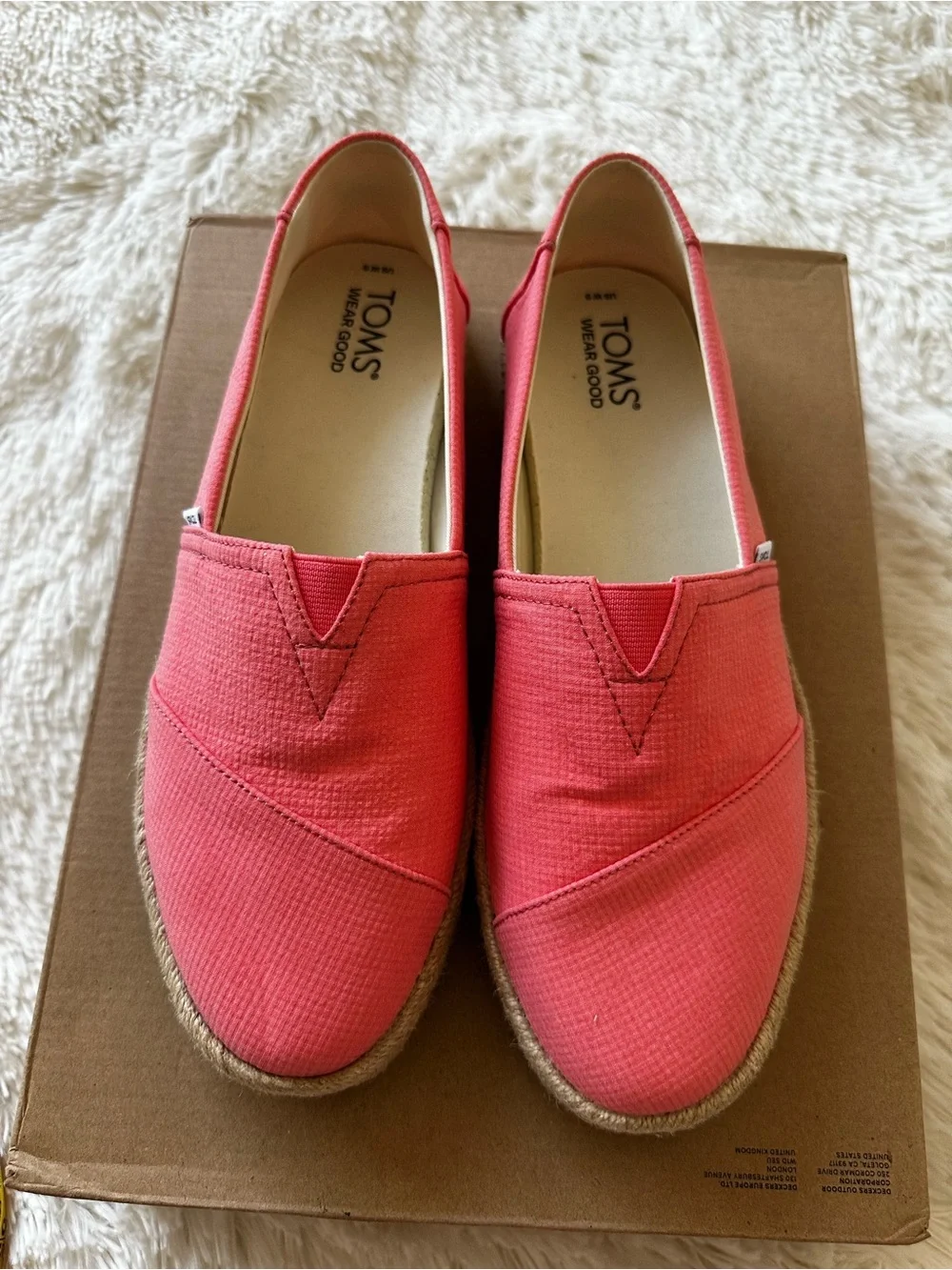 Toms Coral Pink Canvas Espadrille Slip-On Shoes Heritage Boho Beachy Size: 9